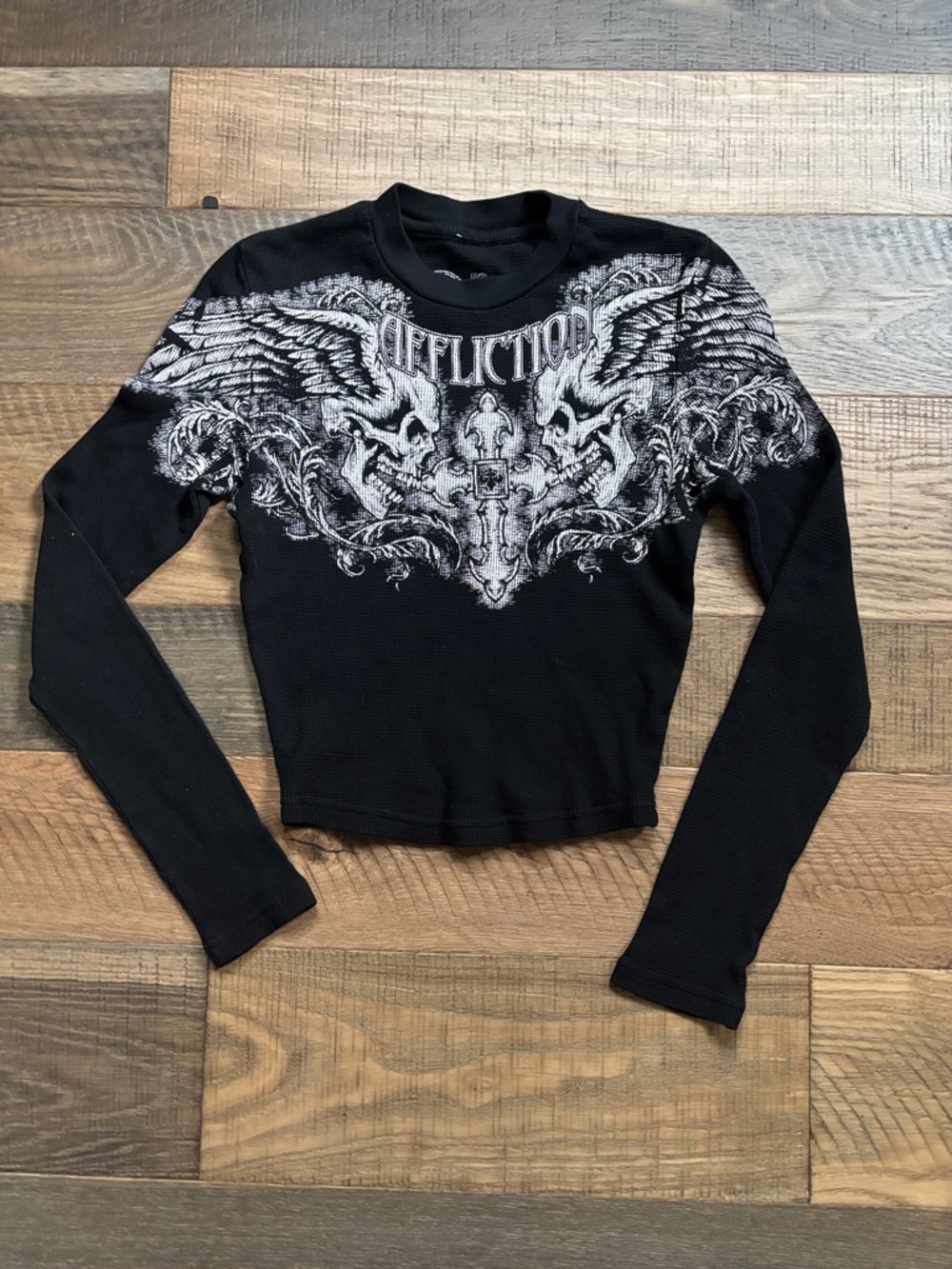 Affliction Black Long Sleeve Graphic Thermal Top with Silver Skull Wings
